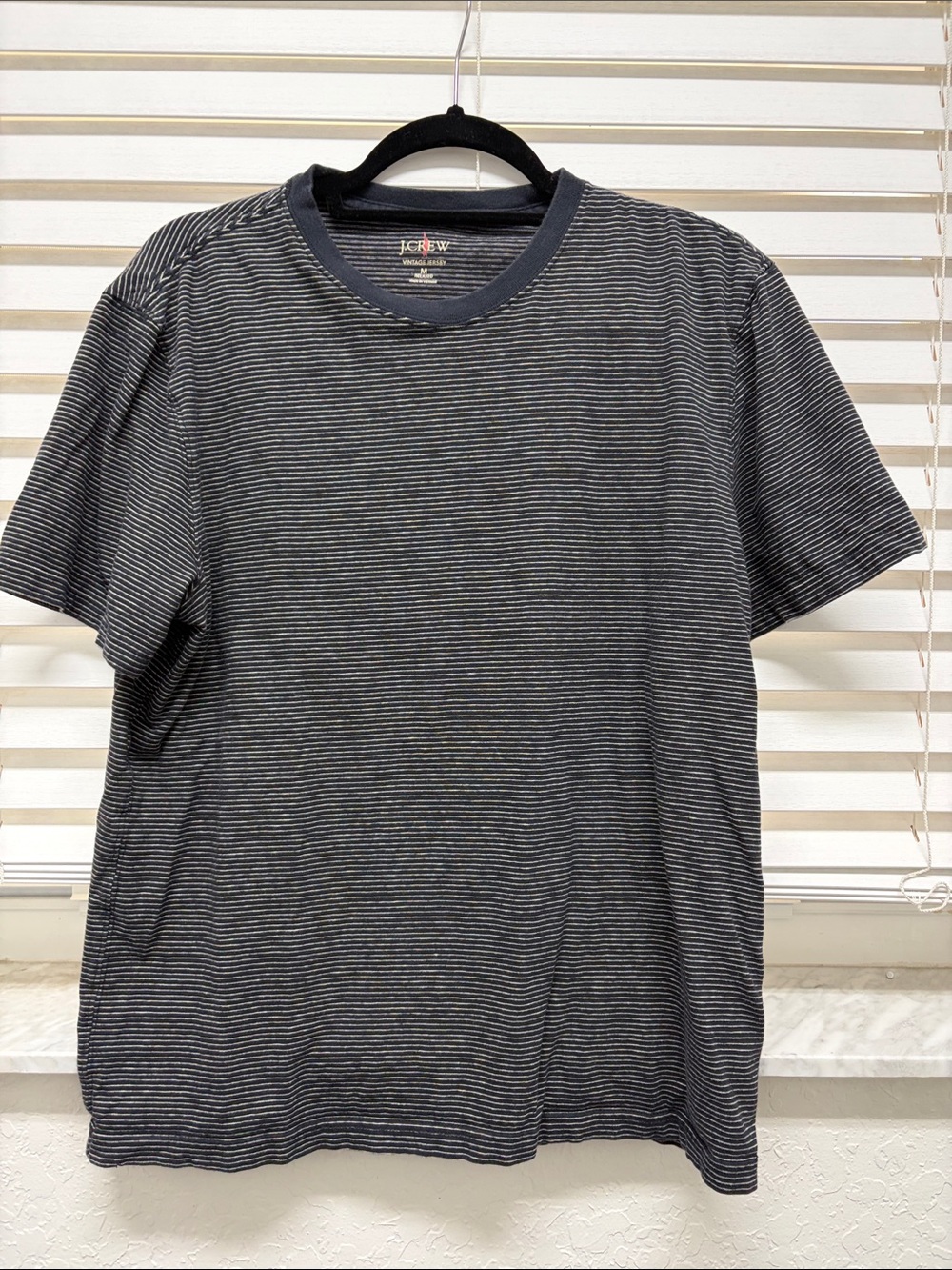 J. Crew Men's Navy and White Thin-Stripe Crewneck Tee
